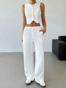 SHEIN X Belinda SHEIN EZwear Women's Solid Color Minimalist Daily Round Neck Blazer Vest & Pants 2-Piece Set - White - View 1