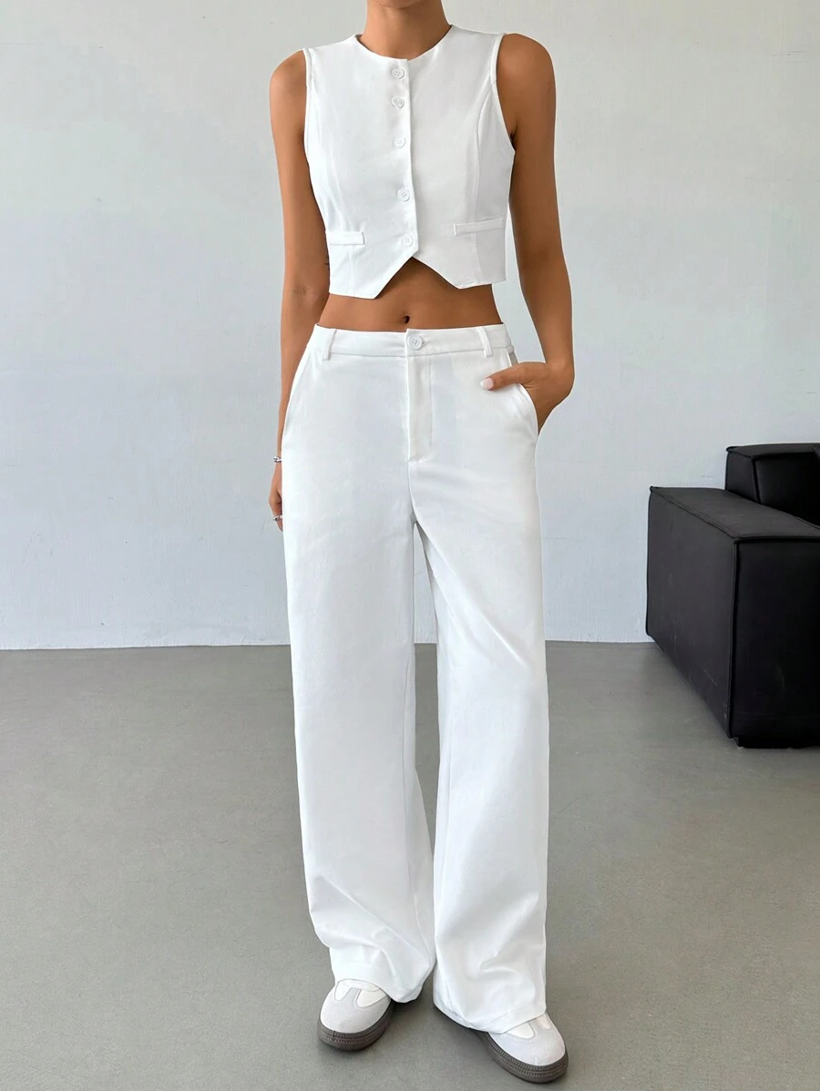SHEIN X Belinda SHEIN EZwear Women's Solid Color Minimalist Daily Round Neck Blazer Vest & Pants 2-Piece Set - White - View 1