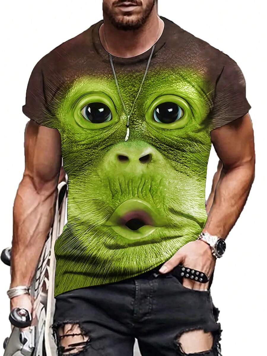 Manfinity Homme Men's Crew Neck Short Sleeve Animal Print Casual T-Shirt - Green - View 1