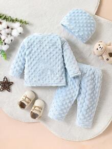 SHEIN 3 件套男婴简约柔软蓝色泡泡熊刺绣衬衫、裤子和帽子家居用品套装 - 淺藍色 - 查看 2