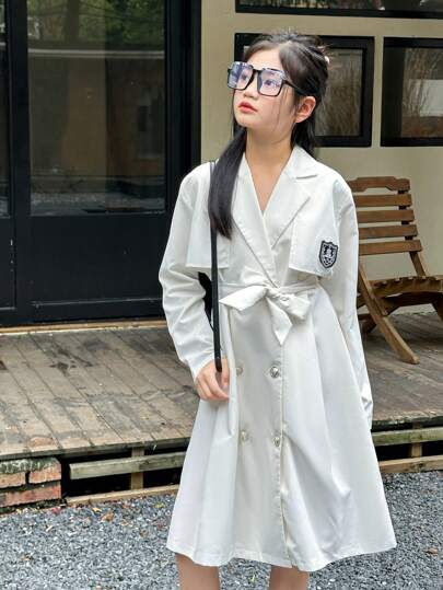 SHEIN Tween Girls Academy Badge Waisted Pleated Lapel Midi Length Trench Coat, Business/Formal Wear