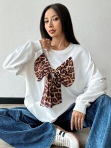 Chiquease Sudadera con cuello redondo, manga larga, decoración de lazo, estampado de leopardo, casual diaria para mujeres