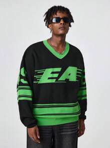 Manfinity EMRG Men's Solid Color Patchwork Letter Print Knit Casual Pullover