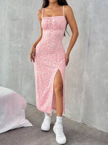 SHEIN EZwear 女式花卉印花针织侧开衩长款吊带连衣裙，度假 - 淺粉色 - 查看 4