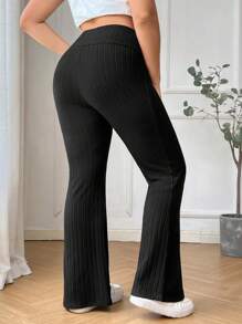 SHEIN EZwear Plus Size Women Back To School Campus Style Casual Leggings, Ribbed Knit Fabric Yoga Pants With Elastic Waistband & Flared Hem, Suitable For Daily, Work & Workout