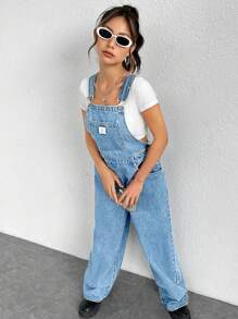 SHEIN EZwear 女士休闲牛仔背带裤，春夏 - 淺色水洗藍 - 查看 3