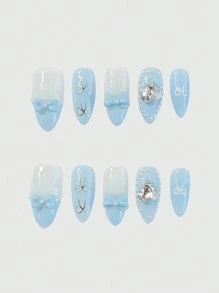 10 件手工蝴蝶结假指甲 + 3 片双面胶带，Y2K 风格美甲，可拆卸水钻指甲贴，假指甲适合节日、派对、舞会和日常佩戴 - 彩色 - 查看 1