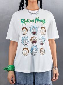 Rick and Morty X SHEIN FALL Multiverse White Loose Shoulder Portrait Print T-Shirt