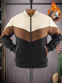 Manfinity Homme 男士秋冬拼接夹克，带保暖内衬和立领，外出保暖长袖休闲撞色法兰绒夹克，送给朋友、丈夫、男友的礼物，保暖内衬夹克 - 彩色 - 查看 4