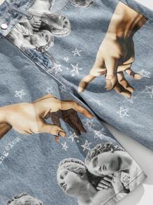 ROMWE MEN Street Life Men's Statue & Hand Print Pocket Decor Casual Denim Shorts Jorts, Summer