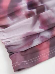 Sweetra 女式不对称领口露肩长袖扎染褶饰修身优雅衬衫 - 彩色 - 查看 5