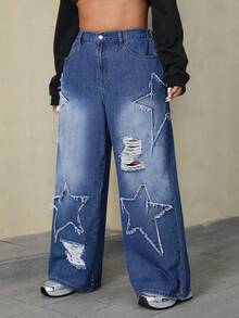 SHEIN EZwear Plus Size Women's Star Patch Ripped Denim Jeans - Blue - View 4