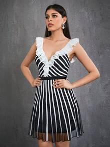 Women's Mgiacy Ruffle Collar Striped Formal Evening Dress - Black and White - View 3