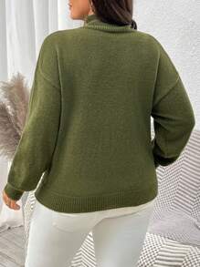 Calvaya Plus Size Solid Color Stand Collar Army Green Sweater For Fall & Winter - Dark Green - View 2