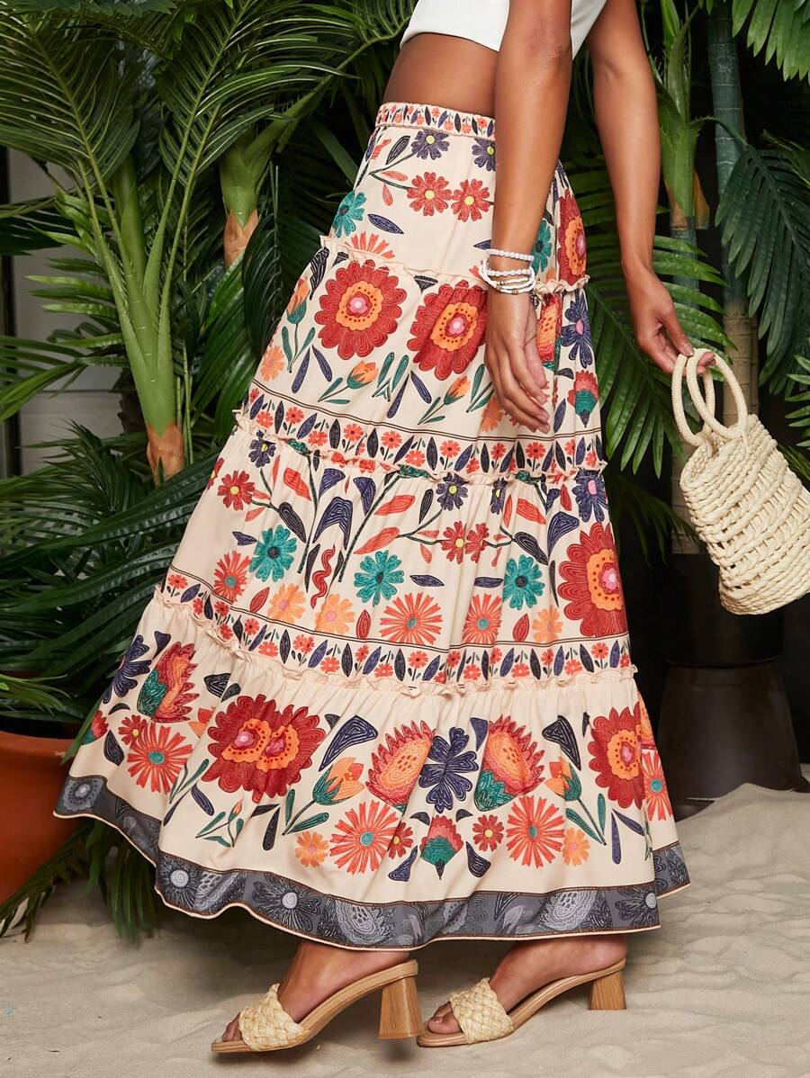 Travachic Floral Print Ruffle Hem Summer Beach Women's Skirt - Multicolor - View 1