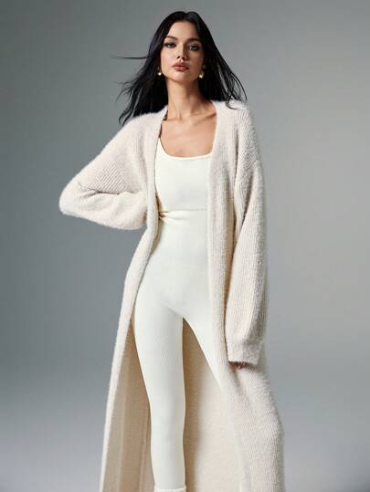 Poéselle Aprikosfärgad plysch extra lång kofta, enfärgad stickad kofta för kvinnor, höstkläder för kvinnor, vinterkläder för kvinnor, damtröjor, mjukt och bekvämt tyg, varmt, enkelt mode, gammaldags stil, lämplig för daglig gata, pendling, hemkläder, vinter casual sänkta axelband, lösa khakifärgade enfärgade koftor för kvinnor, vardagskläder, långa koftor, damduster cardigan, lång tröja, kofta