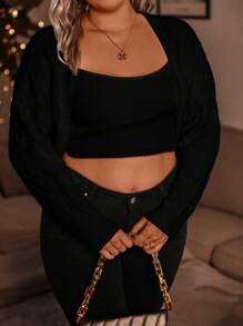 SHEIN LUNE Plus Size Solid Color Casual Long Sleeve Knit Cardigan, For Winter Fall Cloth For Women - Black - View 7