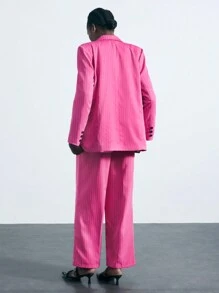 Maija 女士条纹印花双排扣长袖西装外套和长裤优雅套装 - 淡紫色 - 查看 3