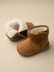 1 Pair Girls' Camel Color Hook And Loop Flat Casual Comfortable Plush Snow Boots, Suitable For Winter