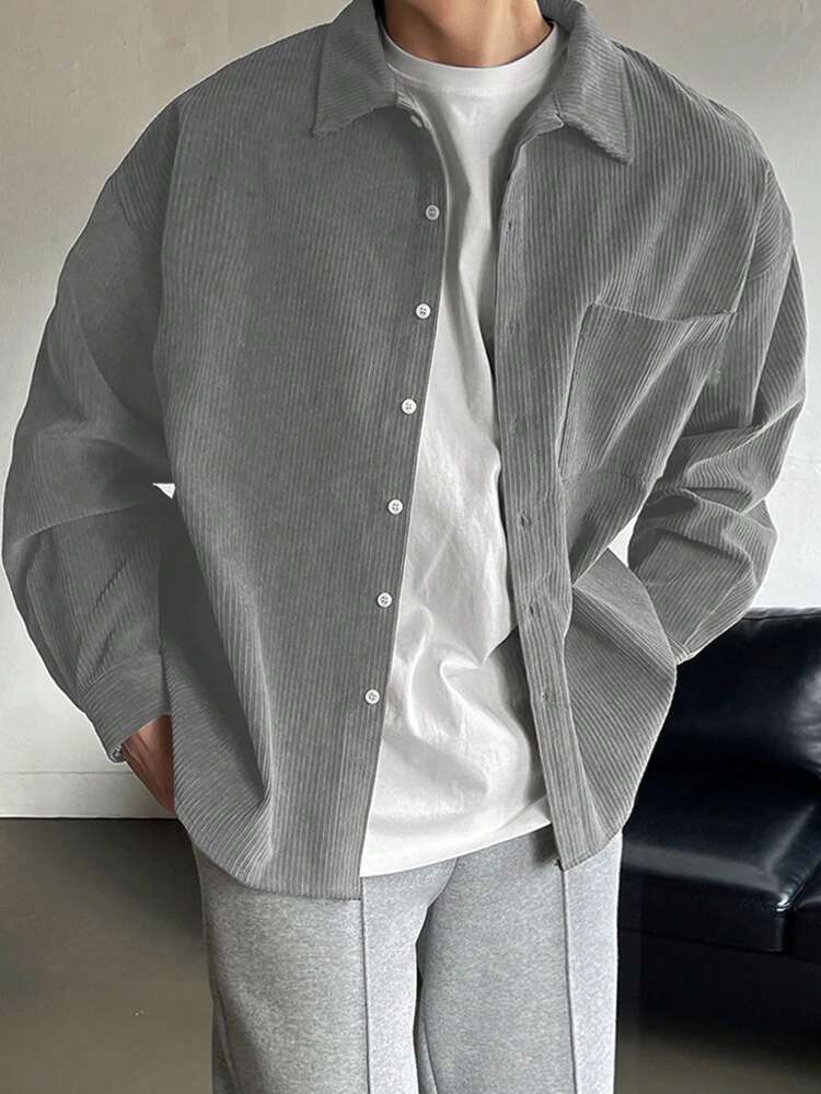 Men's Solid Color Button Front Pocket Long Sleeve Baggy Shirt,Fall Clothes