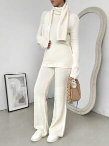 Chiquease 2pcs Solid Round Neck Loose Casual Oversized Sweater Set For Women - Apricot - View 3