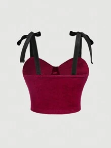 SHEIN MOD 大码女式勃艮第天鹅绒配黑色吊带吊带背心 - 紅色 - 查看 2