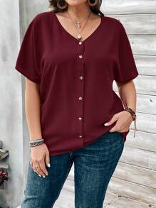 EMERY ROSE Plus Size Women's Solid Color Button Embellished Short Sleeve Shirt For Spring - Rose Red - View 3