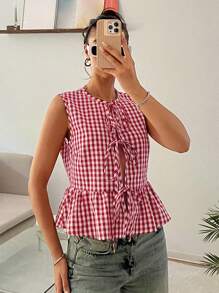 Comfortcana Blusa informal de mujer sin mangas a cuadros rojos con volantes en el bajo, blusas sin mangas