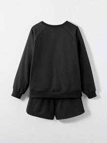 Tween Girl Casual Solid Color Knit Crew Neck Sweatshirt & Shorts 2-Piece Set - Black - View 2