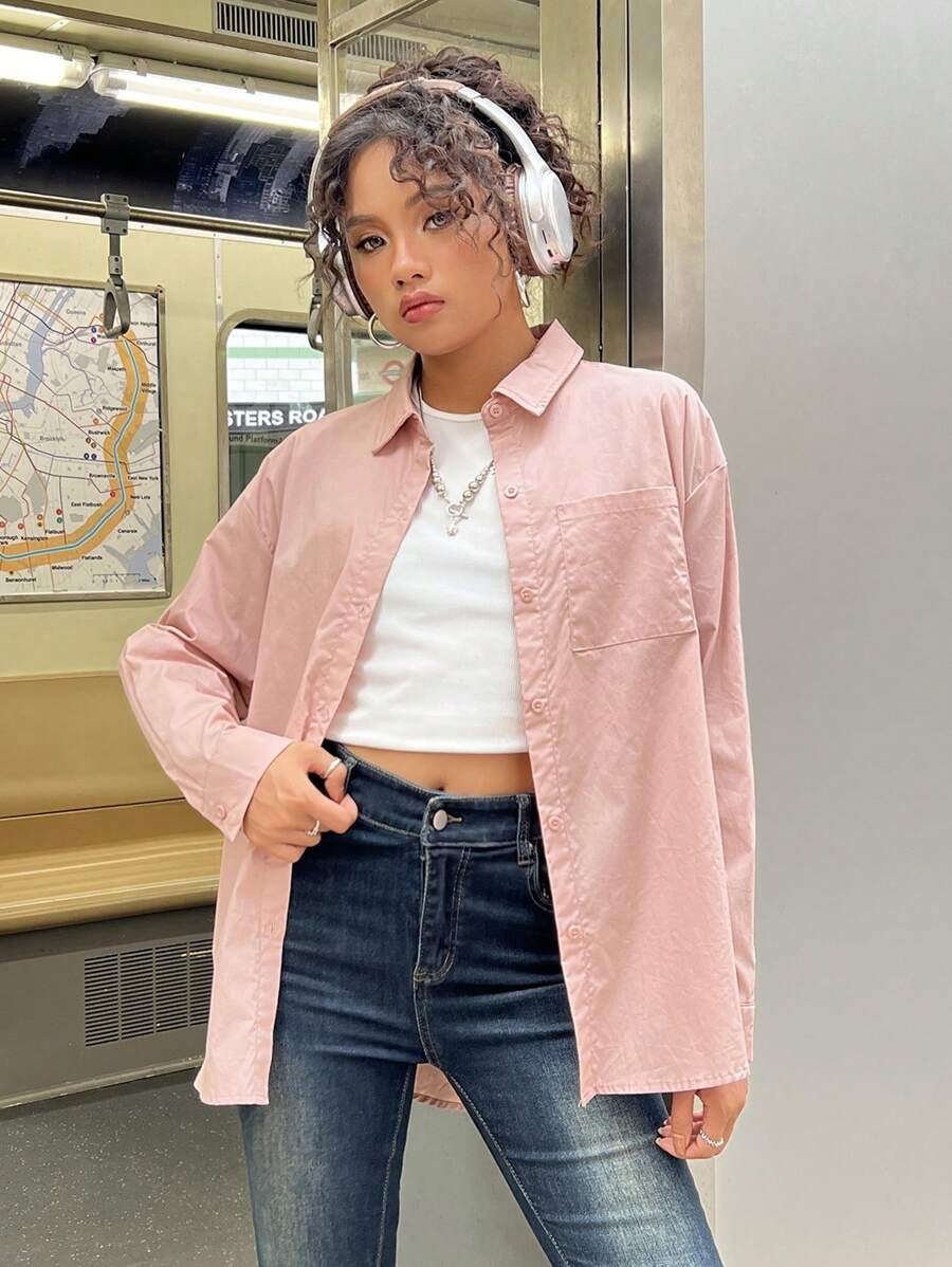 SHEIN 少女纯色梭织修身休闲长袖衬衫 - 藕粉色 - 查看 1