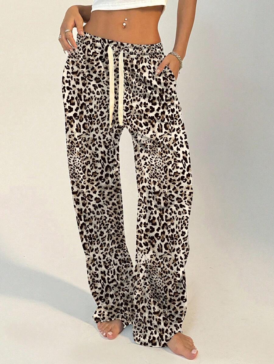 SHEIN Unity Quần dài dây rút họa tiết da báo dành cho nữ - màu nâu - Xem 1