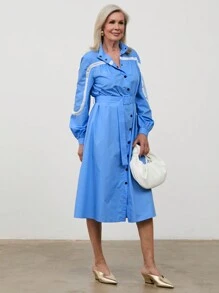 SHEIN LUNE Vestido elegante de estilo "Old Money" de primavera/otoño casual, con bloqueo de color, solapa, botones delanteros y largo midi para mujer - Azul y blanco - Ver 1
