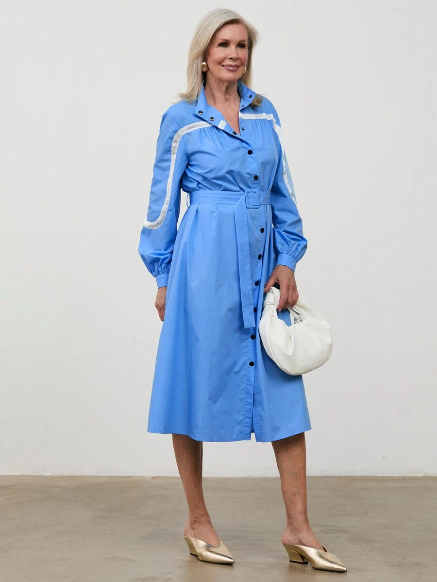 SHEIN LUNE Vestido elegante de estilo "Old Money" de primavera/otoño casual, con bloqueo de color, solapa, botones delanteros y largo midi para mujer - Azul y blanco - Ver 1