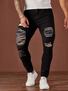 Manfinity LEGND Męskie czarne jeansowe obcisłe jeansy w stylu ulicznym z przetarciami - Czarne - Zobacz 4