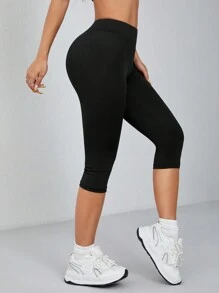 SHEIN PETITE 休闲简约黑色高腰七分紧身女士打底裤 - 黑色 - 查看 4