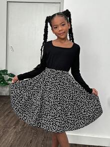 SHEIN Tween Girls' Streetwear Ditsy Floral Patchwork Knit Crew Neck Long Sleeve Dress