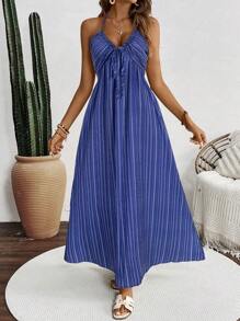 Breezaya Women's Summer Vacation Striped Backless Halter Dress - Royal Blue - View 4