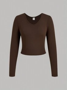 SHEIN Teen Girl Buy 1 Get 2 Free 3pcs/Set Black, White, Brown Casual Reversible Thermal Lined Warm Long Sleeve Fitted Cropped T-Shirts, Fall Top - Multicolor - View 9