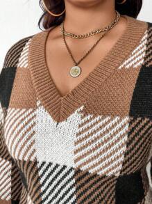 Plus Size Women V-Neck Plaid Casual & Work Sweater Dress, Autumn/Winter - Multicolor - View 6