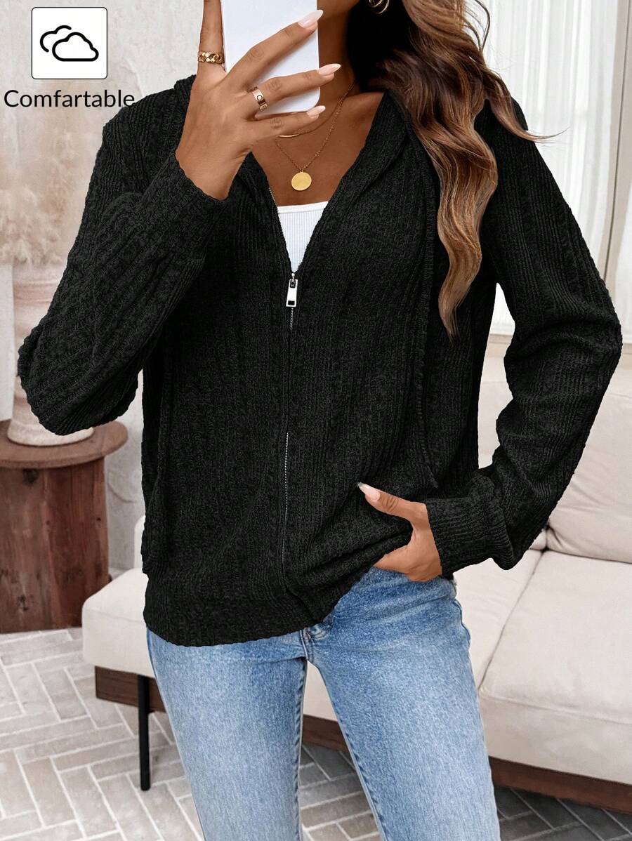 SHEIN LUNE Asymmetrical Brushed Ribbed Grey Zip-Up Hoodie For Women - Black - View 1