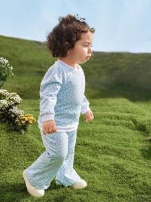 SHEIN Baby Girl Casual Jacquard Sweatshirt & Pants Set, Spring & Fall - Blue - View 5