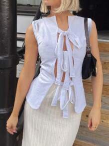 INAWLY Cárdigan sin mangas de unicolor y simple con nudo delantero para mujer