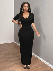 SHEIN SXY Plus Size Spring/Summer Casual Solid Color Slim Fit Short Sleeve Long Dress - Black - View 6
