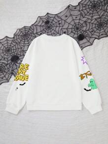 Cartoon Race Car Dog, Ghost Halloween Print, Halloween Sweatshirts Tween Girl Here For The, Cute Groovy Halloween Sweatshirts, Toddler Sweatshirts Retro Halloween, Halloween Girl Sweatshirts, Spooky Vibes, Halloween Party Gift, Tween Girl Casual Crew Neck Long Sleeve Sweatshirts Suitable For Autumn/Winter - Multicolor - View 2