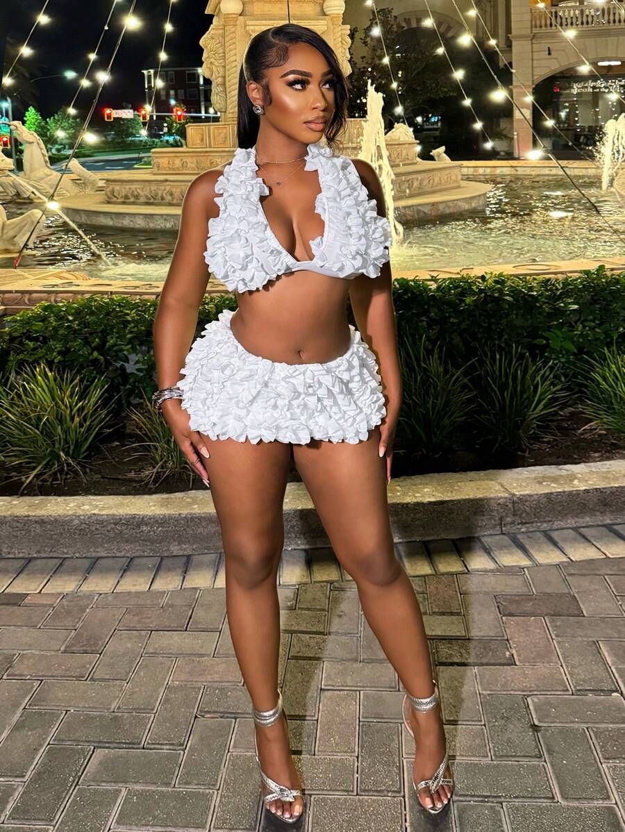 BamGleam 2pcs Women Elegant, Romantic, Sexy, Lace Mini Dress Party Set, In White For Holiday Party Clothes - White - View 1