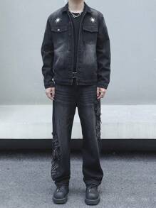 Manfinity Roghcode Men's Embroidered Jacket And Patchwork Denim Pants 2-Piece Set - Black - View 3