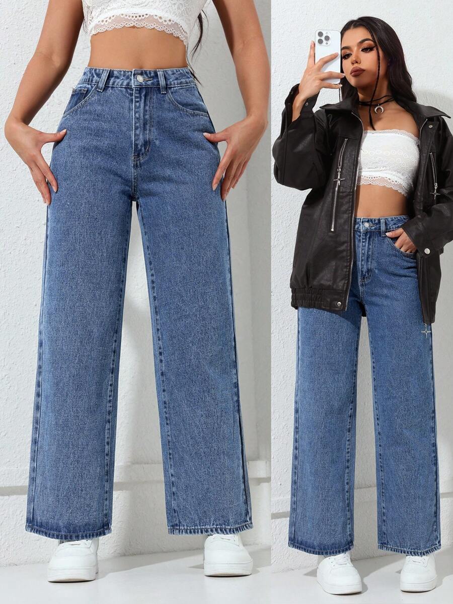 SHEIN PETITE 女士休闲破洞直筒牛仔裤 - 中等水洗藍 - 查看 1