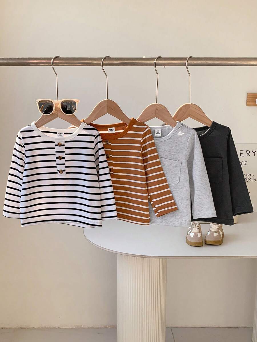 SHEIN 男婴 4 件套休闲舒适百搭条纹长袖上衣，秋冬 - 彩色 - 查看 1