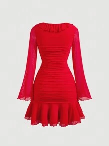 SHEIN MOD Women's Solid V-Neck Ruffle Hem Long Sleeve Dress