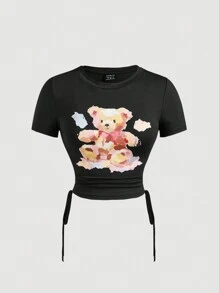 SHEIN MOD 女士可爱图案短袖 T 恤，腰部抽绳系带蝴蝶结，粉色和米色油画风格可爱熊腰带松紧带，有趣的米色，舒适的夏季 T 恤 - 黑色 - 查看 1